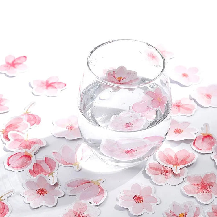 Sakura Story pink self-adhesive sticker block 45 sheets 44mm each romantic watercolour design