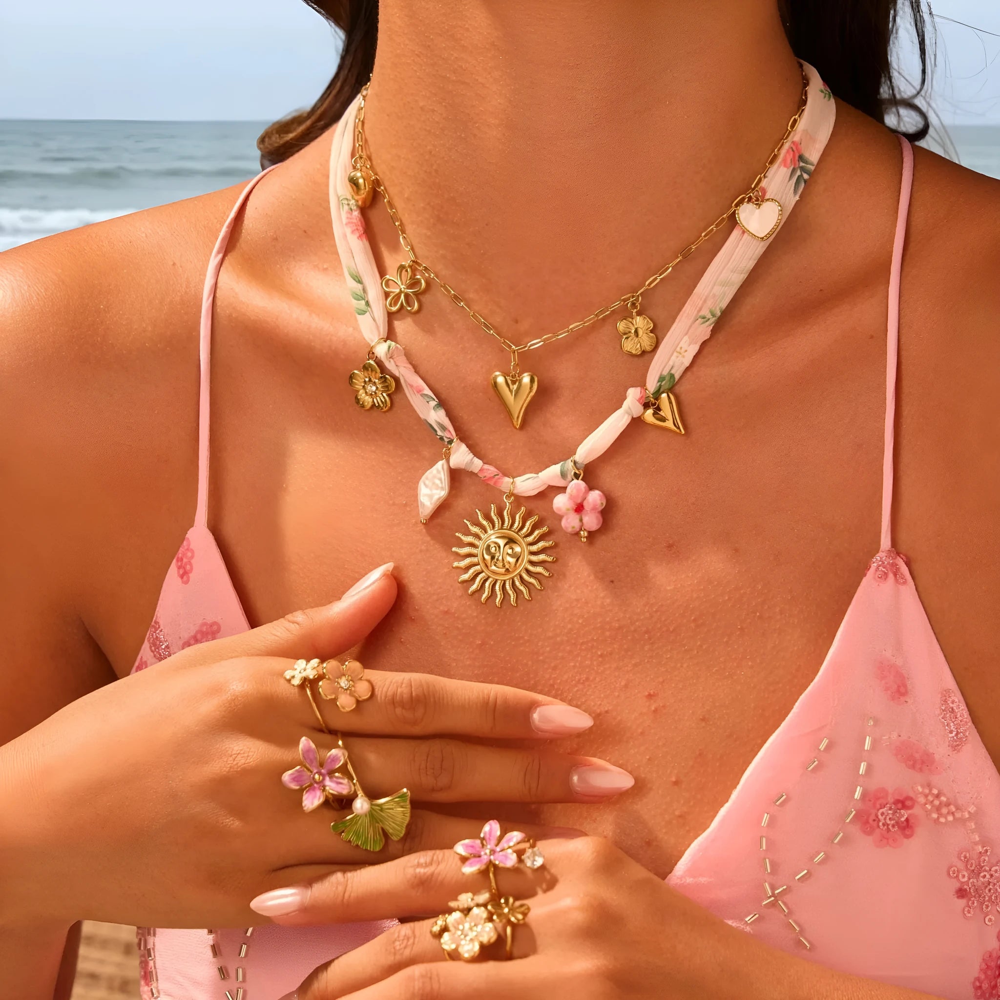 Stainless steel geometric pendant necklace with adjustable chain and 18K gold electroplated finish