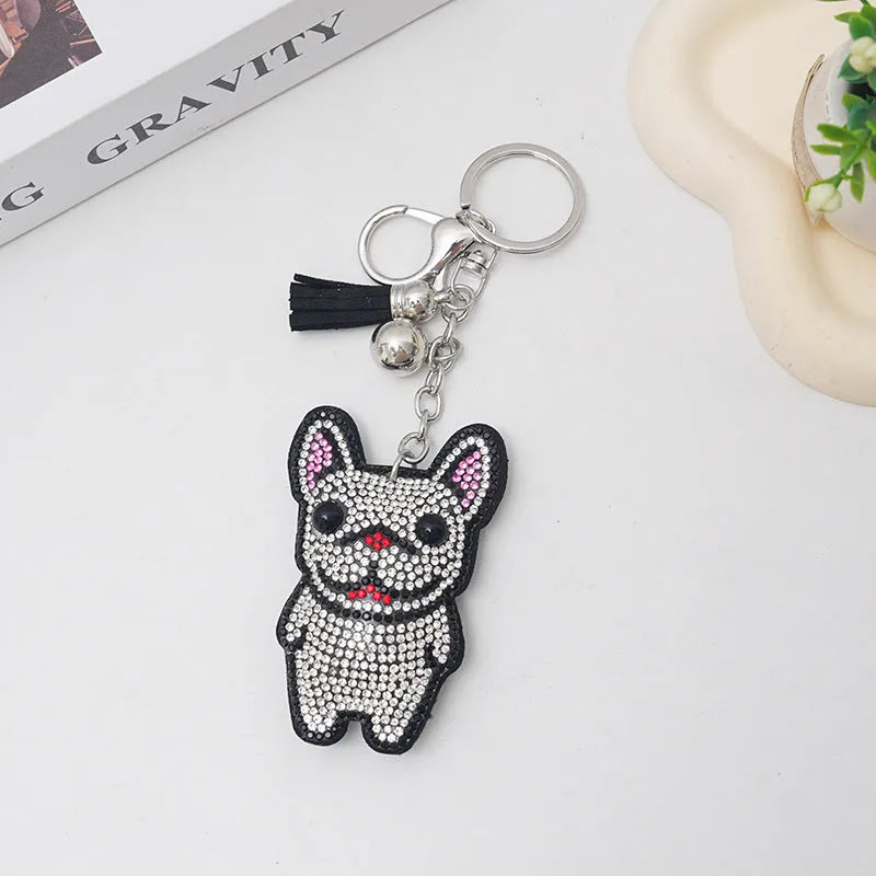 French dog rhinestone keychain with cartoon bear design in electroplated alloy