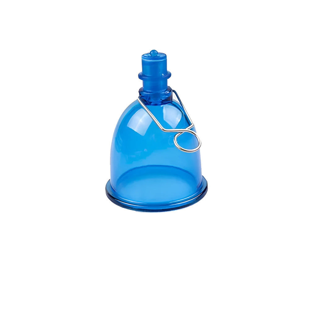 Blue silicone men's stretch exerciser cup shown in Small, Medium, and Large sizes.