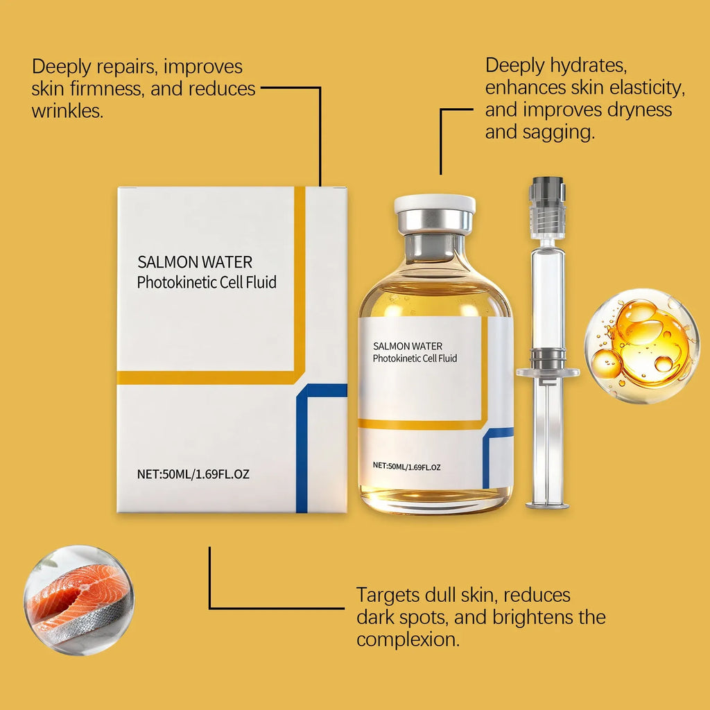 50ml facial essence ampoule tube with collagen, salmon extract, and glass bottle