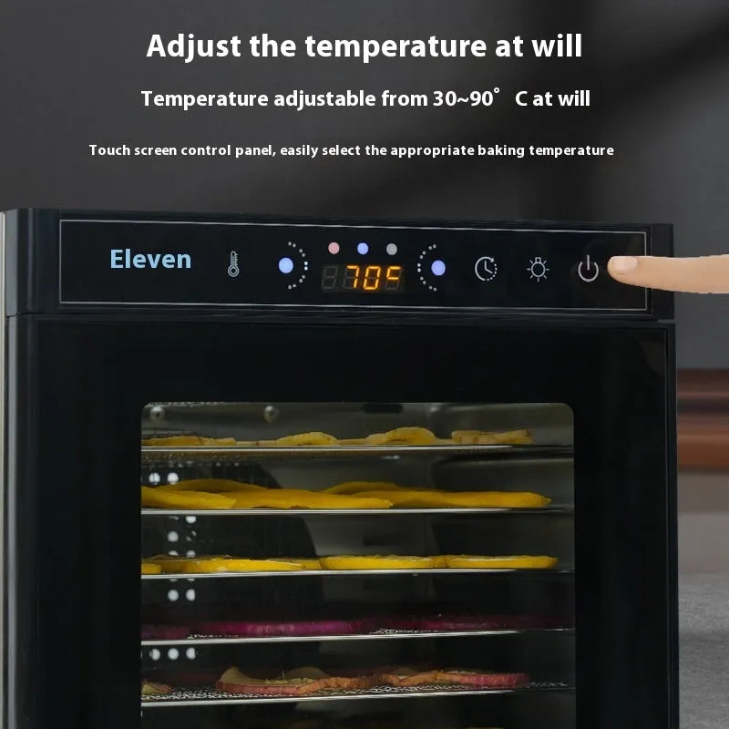Stainless steel food dehydrator with digital LED panel and multiple stacking trays.