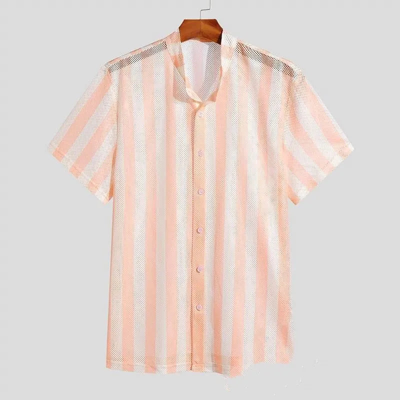 Men's pink waffle texture shirt cardigan with hole design and short sleeves