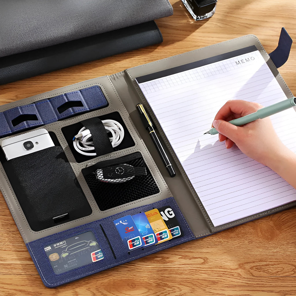 Leather A4 business folder in black showing 35mm thickness and 325x250mm dimensions