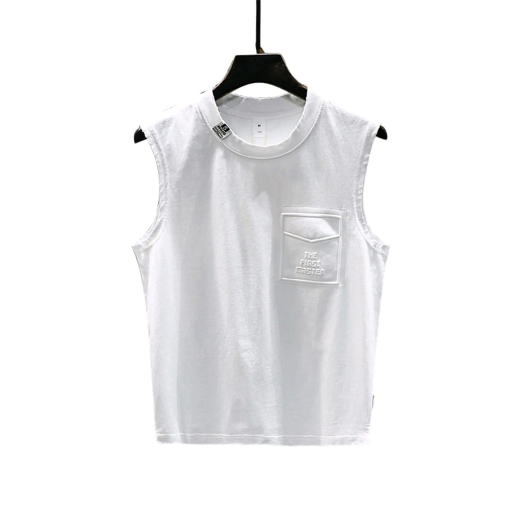Men's black cotton sleeveless t-shirt with loose fit and straight hem design