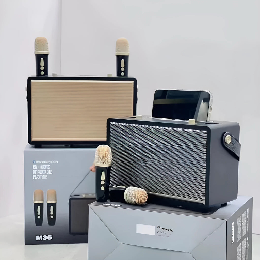 Wireless Bluetooth speaker in Black Gold finish with two microphones, USB powered, 20W output for outdoor use