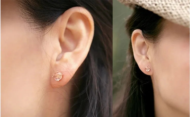Women's rose gold Korean style stud earrings with synthetic ross quartz crystal inlay in drop shape