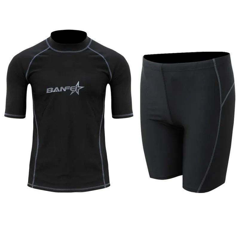 Men's navy blue quick-drying half sleeve wetsuit suit for swimming and snorkelling.