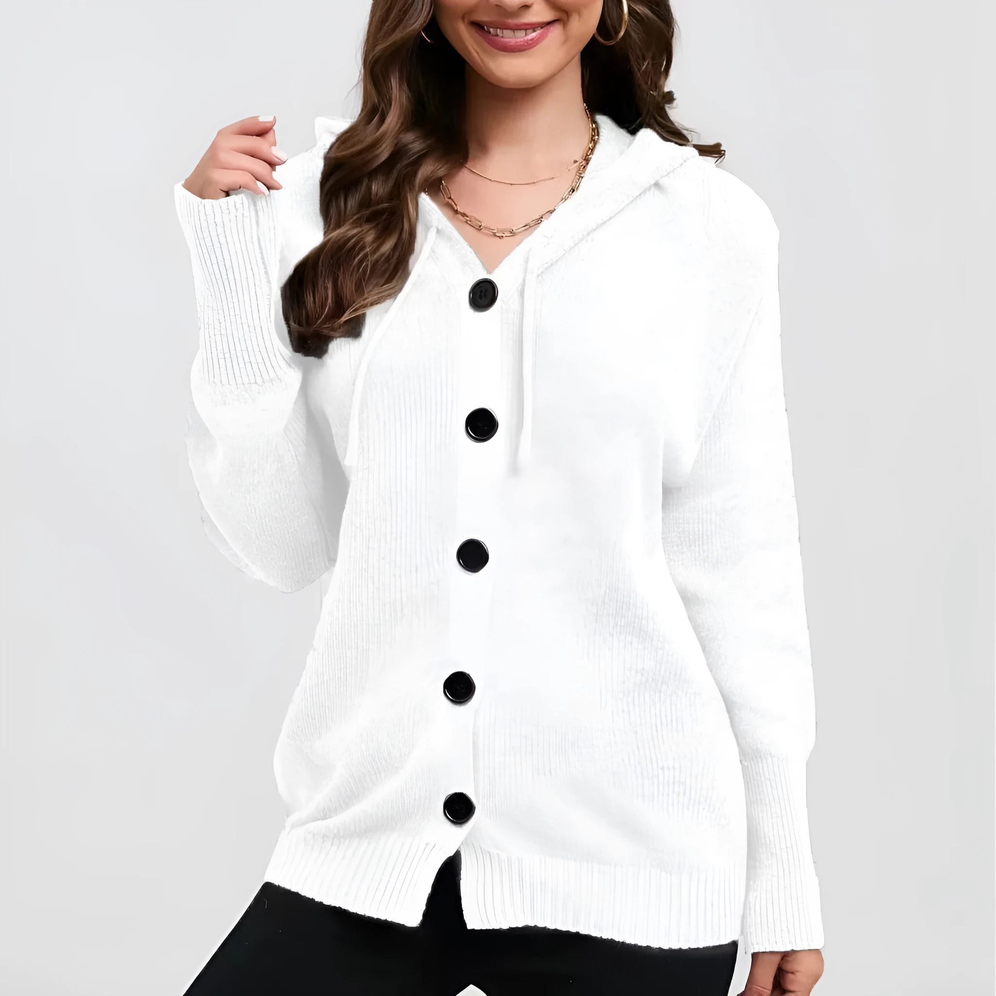 Women's thick cotton hooded cardigan sweater in loose fit with solid colour