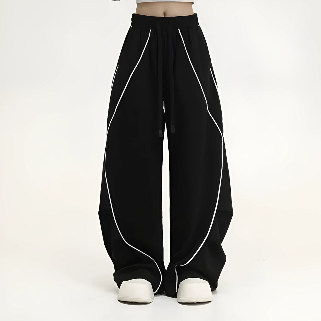 Black pleated wide-leg trousers with striped pattern for hip hop dance and streetwear