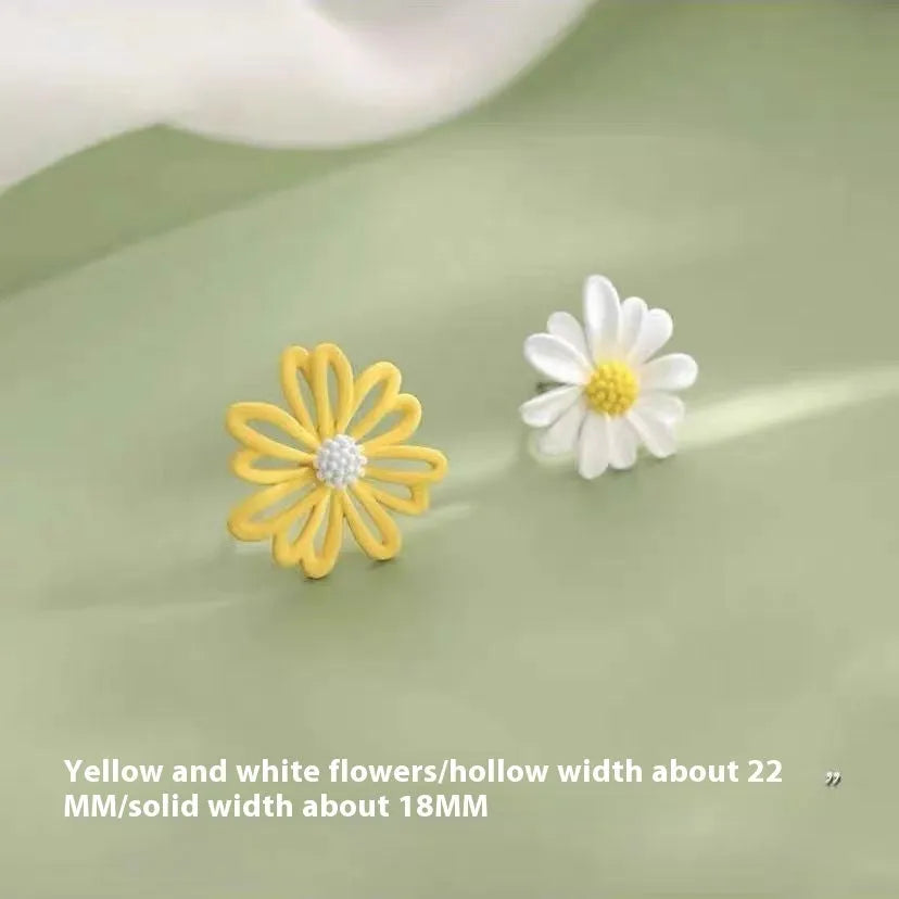 Alloy flower-shaped stud earrings in white and green, yellow and white, and blue orange colour combinations with butterfly clutch fastenings