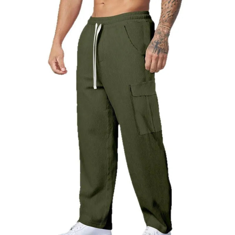 Men's corduroy cargo trousers with elastic waistband in straight-leg wide-leg design