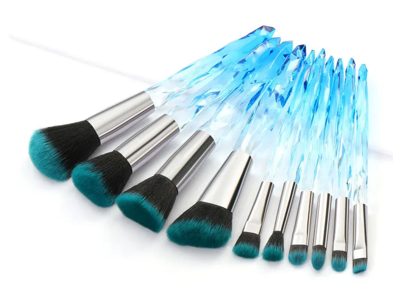 10 crystal handle foundation brushes with artificial fibre bristles in black blue red yellow colours