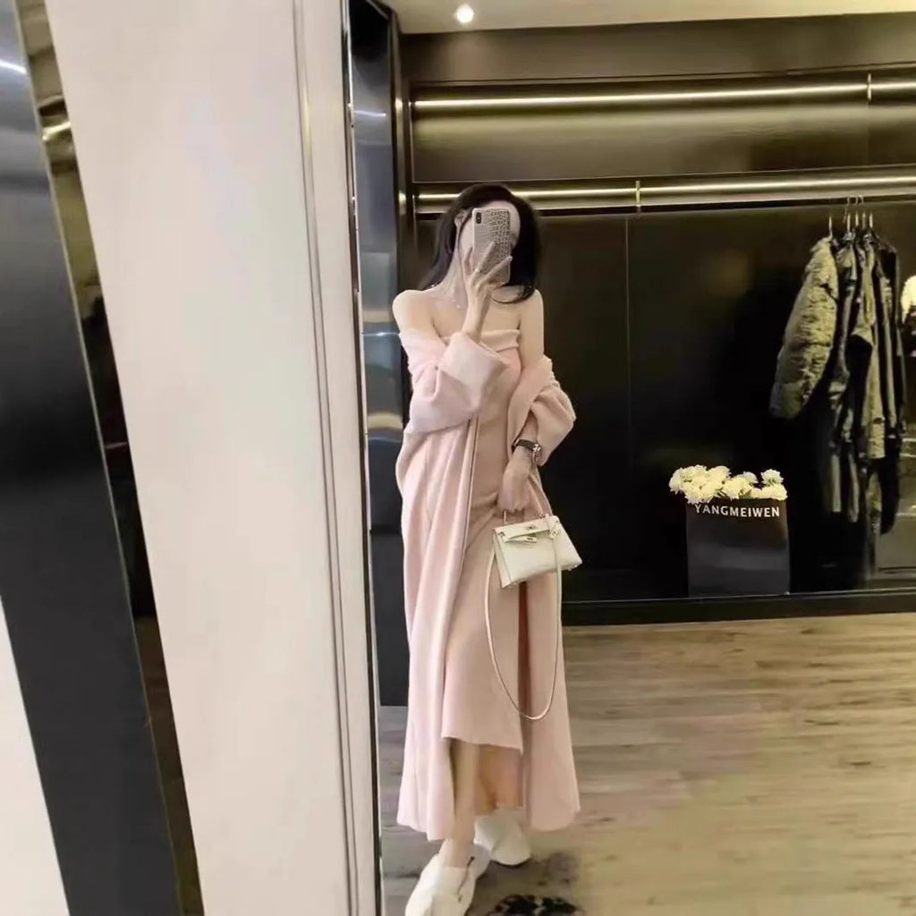 Women's knitted cardigan and long skirt dress two-piece suit in grey with flocking detail