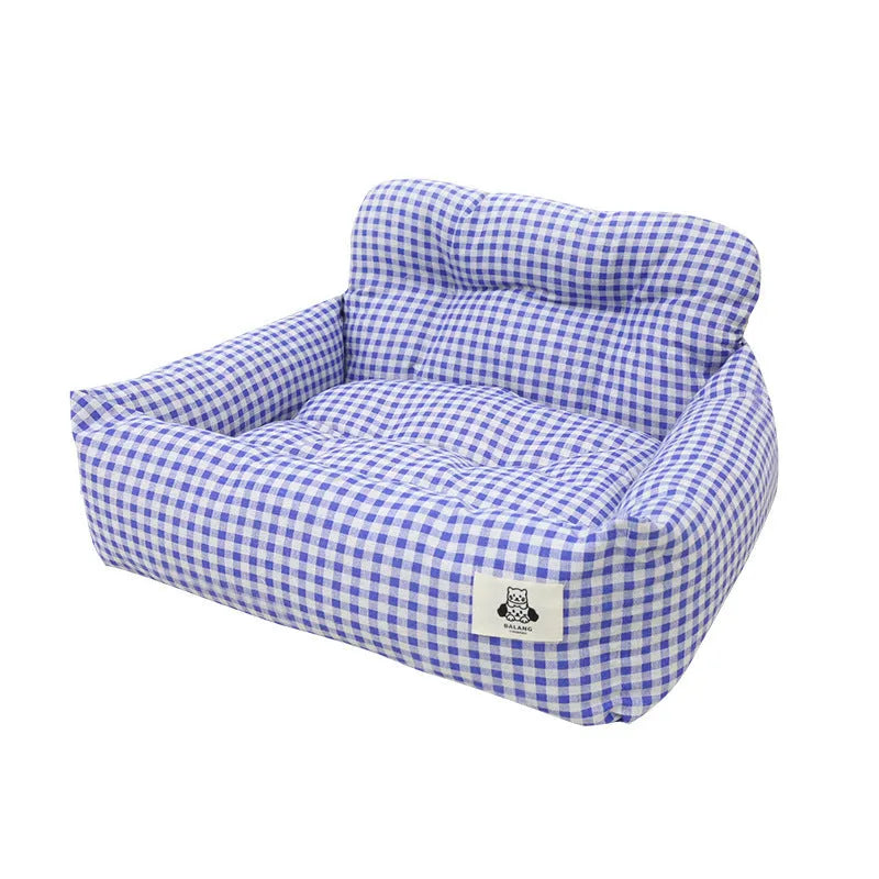 Blue plaid cloth car-mounted dog travel carrier with removable cover