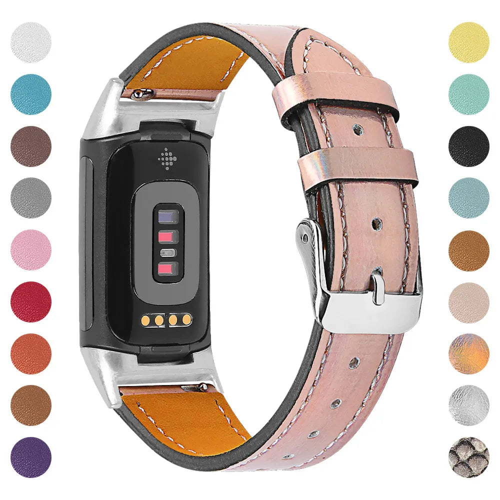 Genuine leather replacement strap for Fitbit Charge 5 and Charge 6 smartwatches in multiple colour options