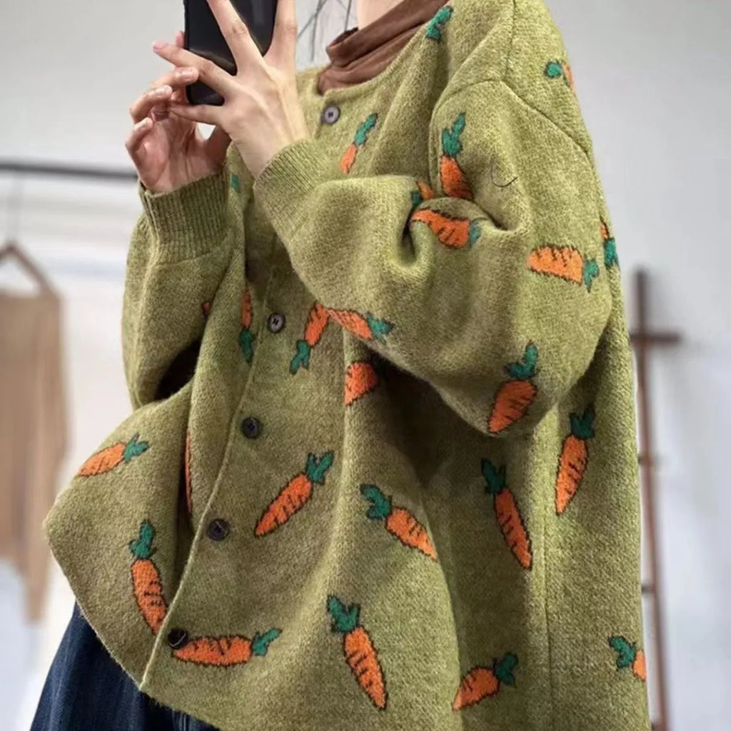 Round neck Mori artistic printing cardigan sweater in viscose fibre with colour contrast design