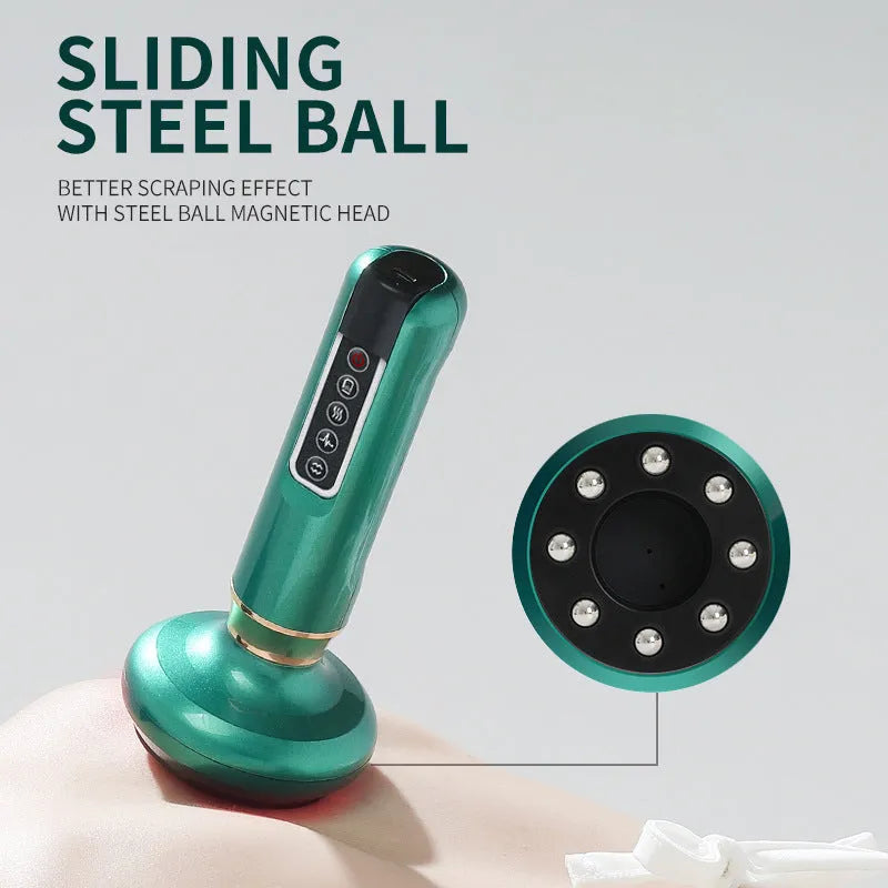 Green electric vacuum cupping massager device with USB charger on a white background.