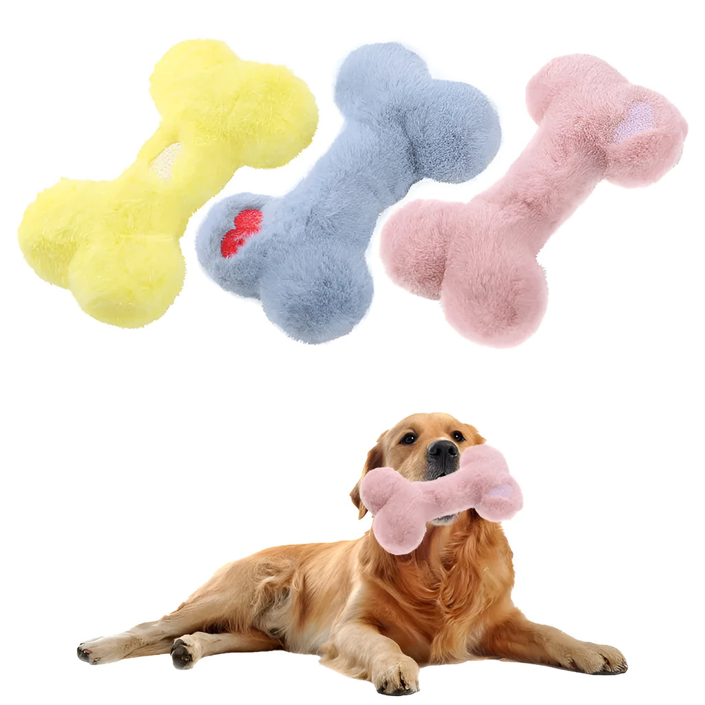 Vocal bone plush dog toy for aggressive chewers in blue, pink and yellow colours with internal squeaker