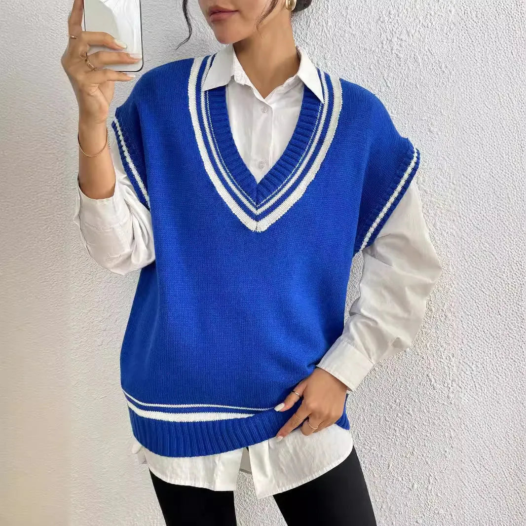 Women's college style wool vest sweater in loose-fitting free size available in blue, coffee and black colours
