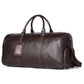 Men's black leather excursion tote bag with a single shoulder strap shown next to a coffee-coloured larger version.
