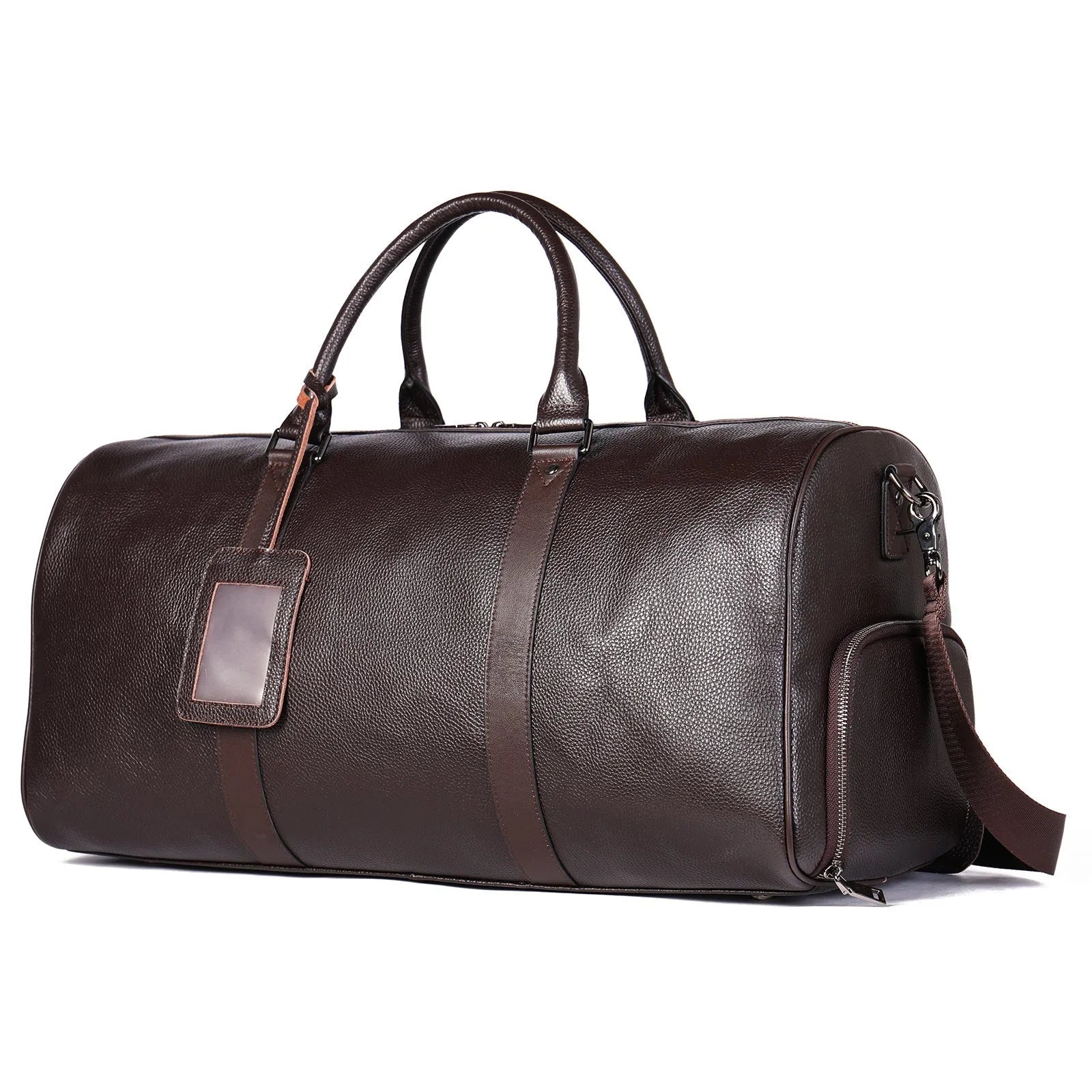 Men's black leather excursion tote bag with a single shoulder strap shown next to a coffee-coloured larger version.