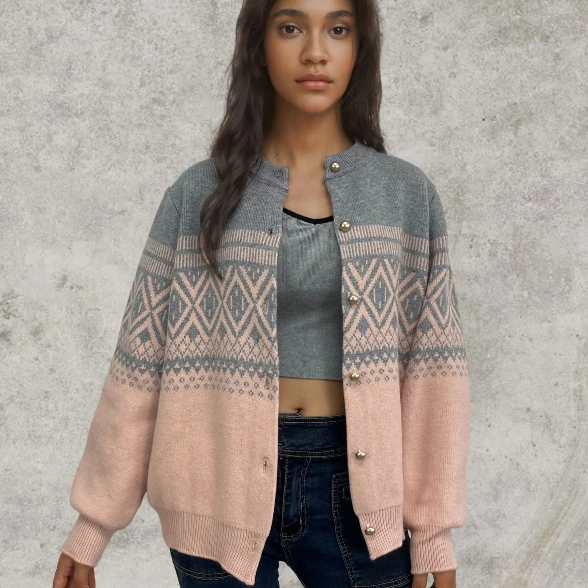 Women's long-sleeved alpaca wool cardigan sweater with contrast colour street fashion design