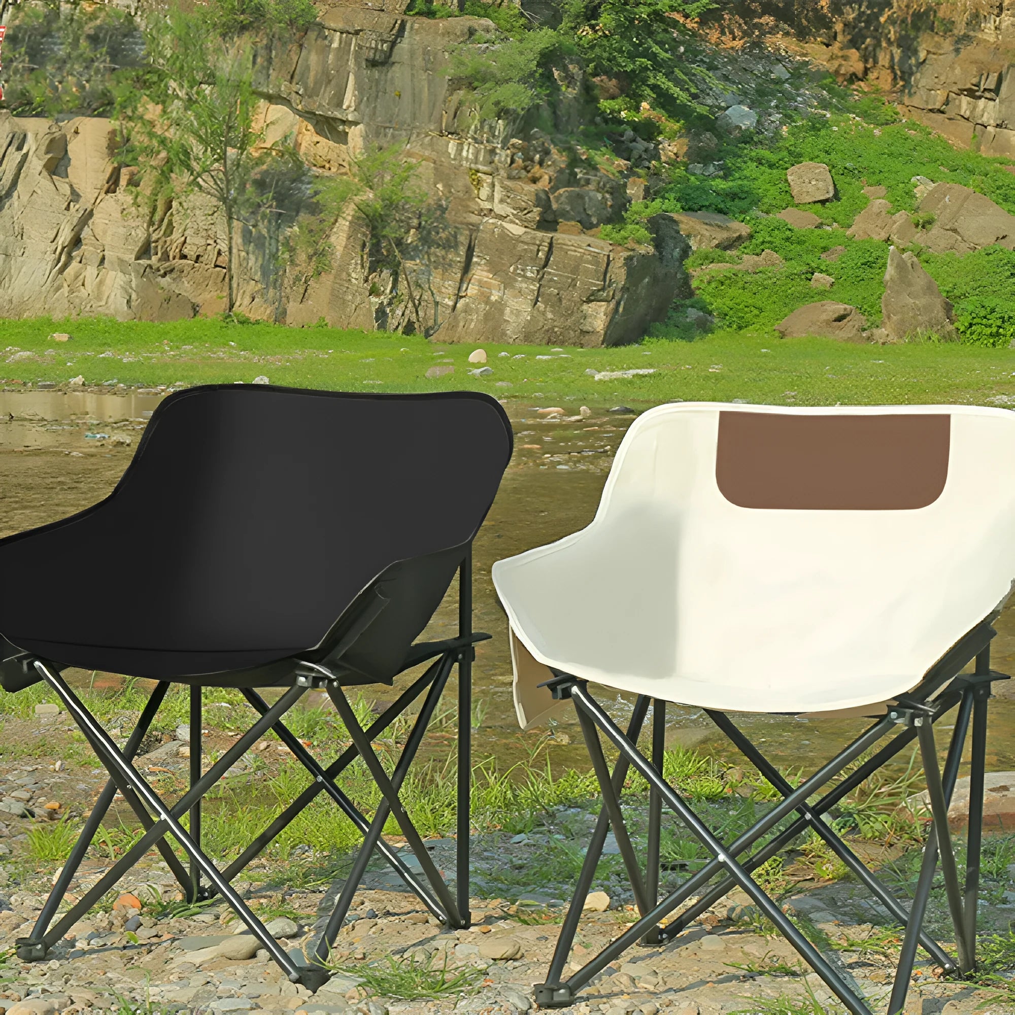 Portable folding recliner chair with steel frame and Oxford cloth seat in an outdoor setting.