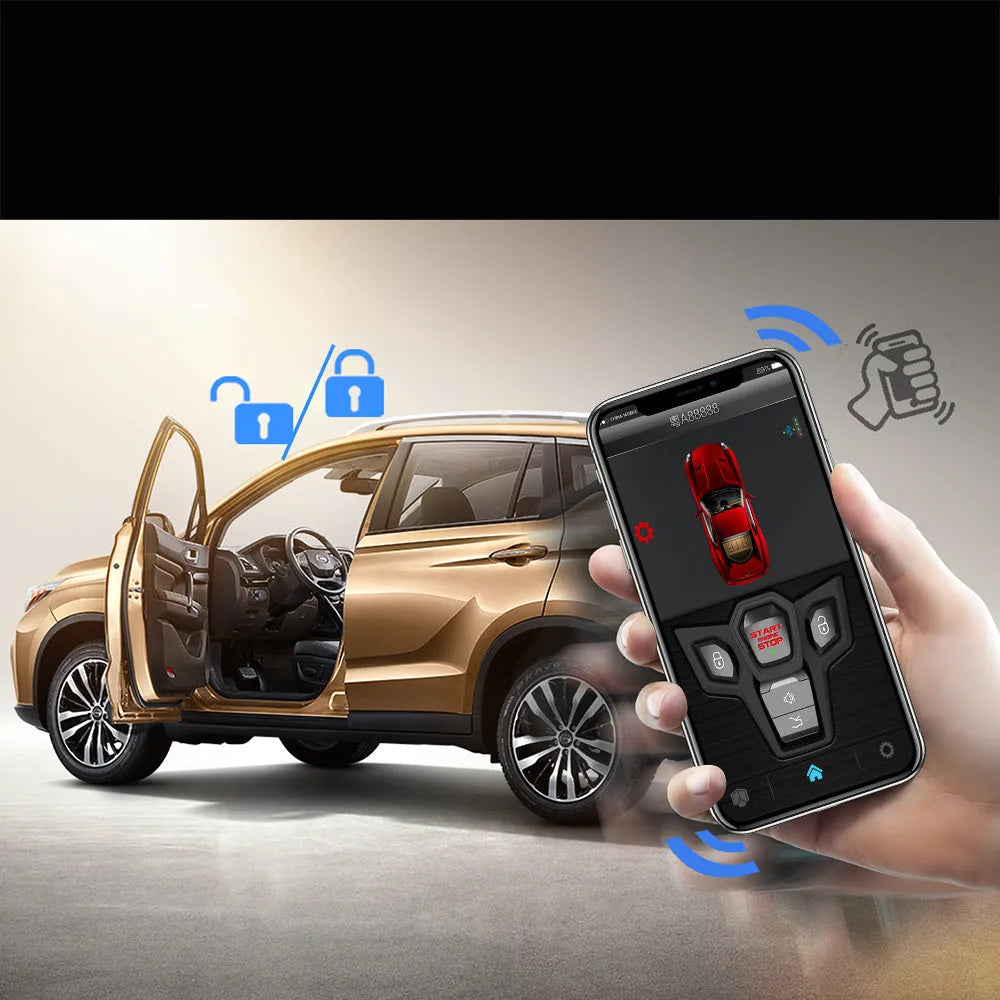 Red and frosted black one-way remote control car alarm system with two remotes for 3000m range and GPS tracking.