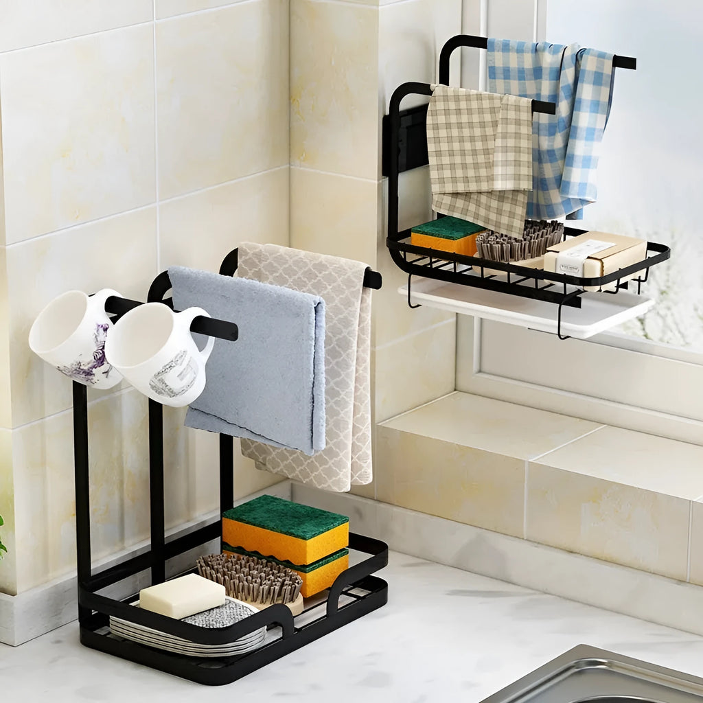 Foldable white plastic kitchen draining rack shown in wall mounted and table top configurations.