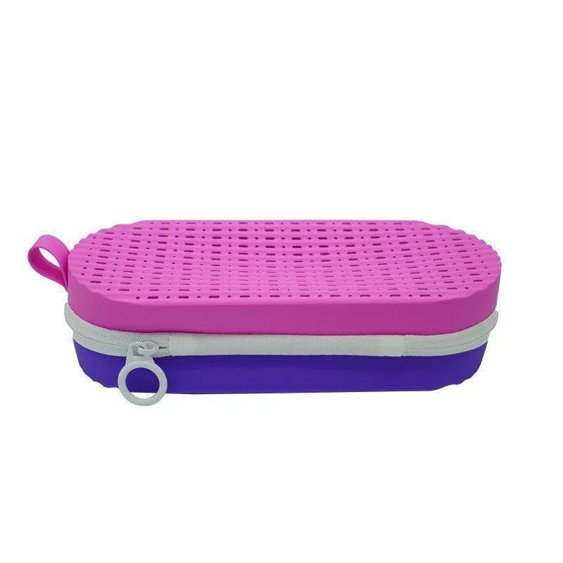 Silicone glasses case in six colour options showing dimensions of 200x80x50mm with long hand carrying design