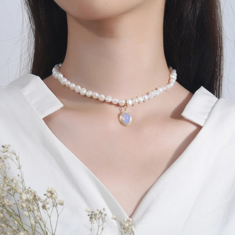 Geometric silver pendant pearl necklace with irregular pearls on adjustable silver chain