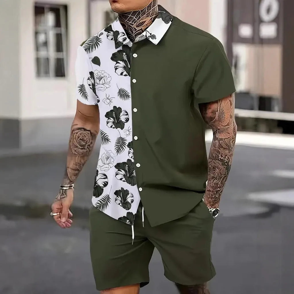 Men's Hawaii 3D printed short sleeve suit with matching shorts in polyester fabric