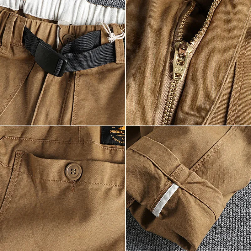 Men's cotton work trousers with NI buckle belt in khaki colour showing three-dimensional cutting detail