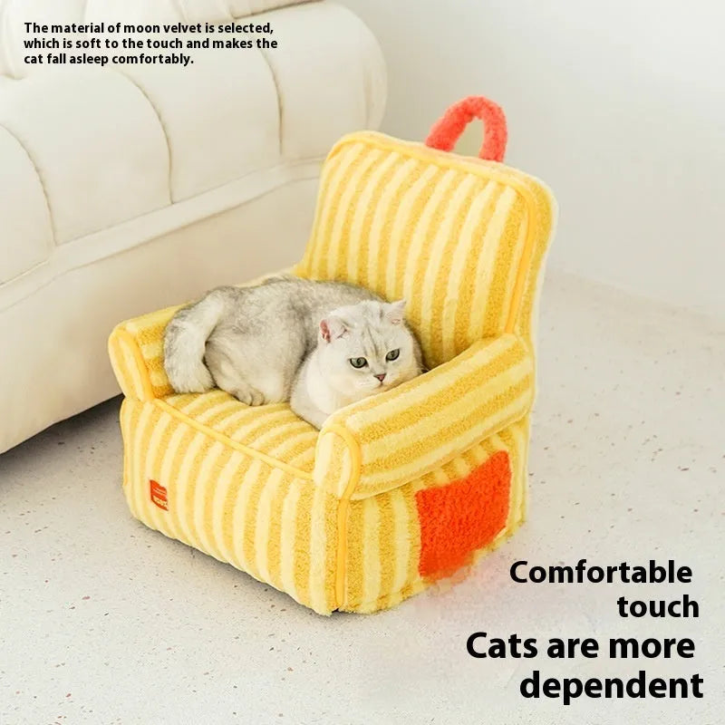 Striped soft velvet pet bed for cats and dogs with a removable cover in orange, purple, or yellow.