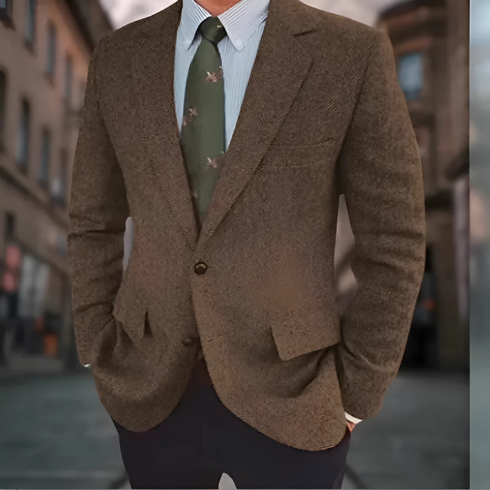 Men's brown herringbone suit jacket with long sleeves and retro business casual styling
