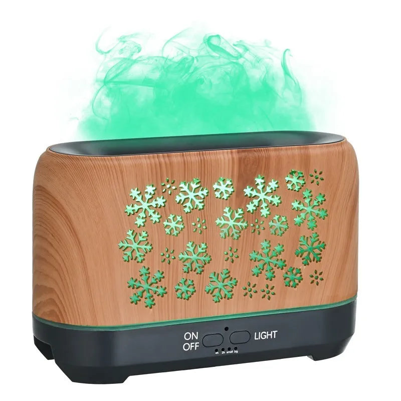 Square woodgrain aromatherapy humidifier with colourful snowflake pattern and multicoloured flame light effect.