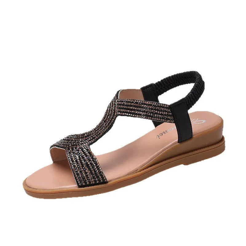 Women's gold summer sandals with rhinestone decoration and round toe design on non-slip sole