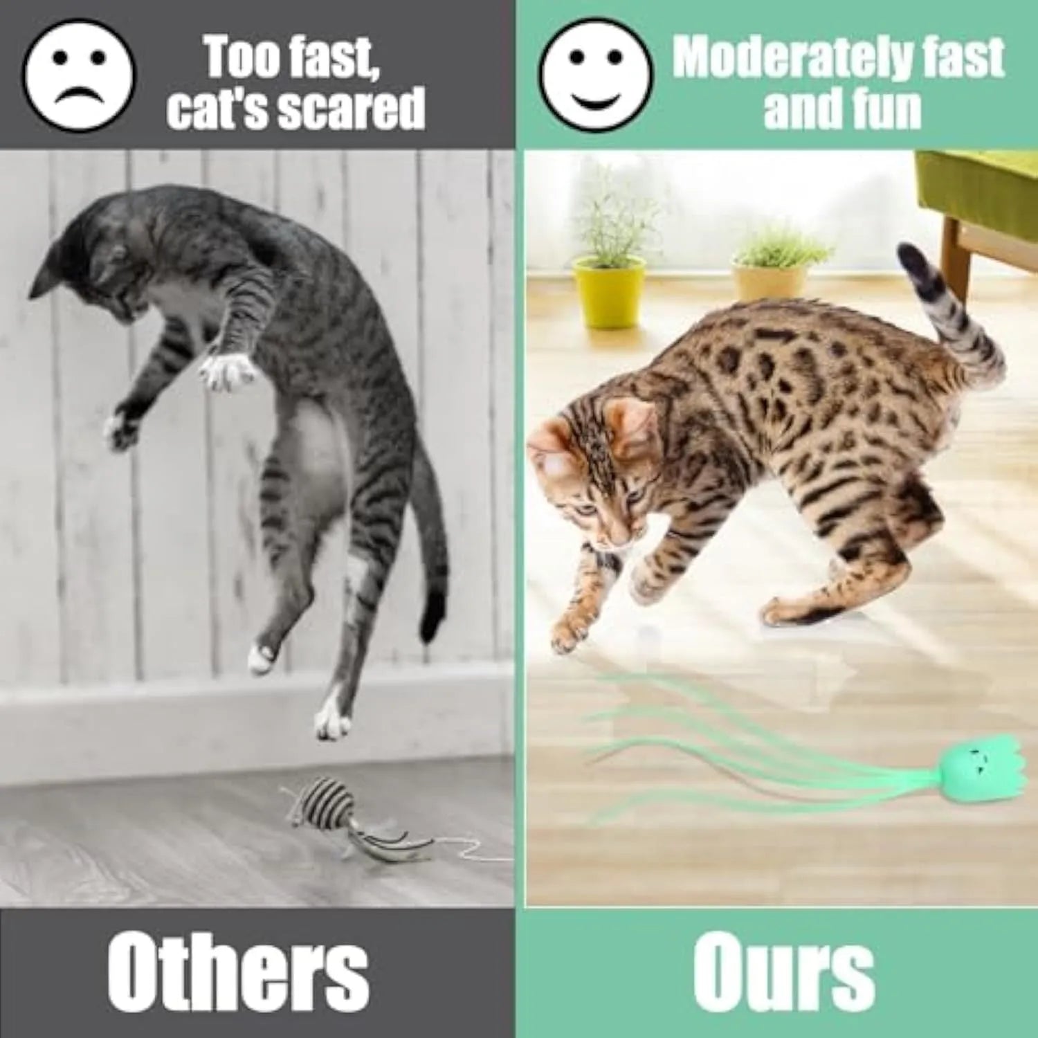 Green automatic cat wand toy with rotating silicone tails for indoor cat entertainment