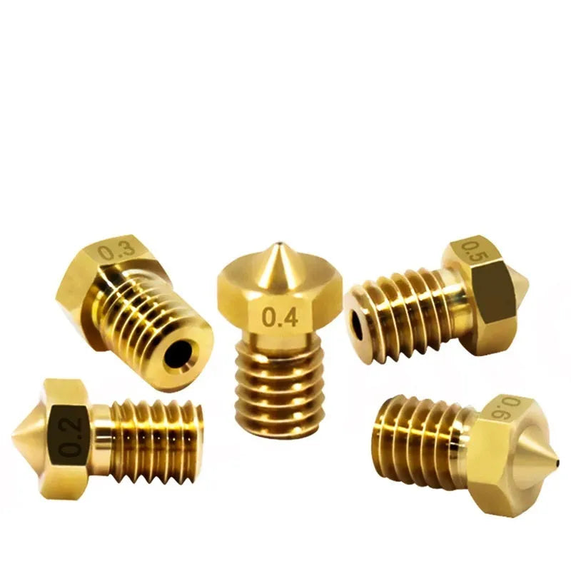 E3D M6 threaded brass 3D printer nozzle with multiple aperture size options.
