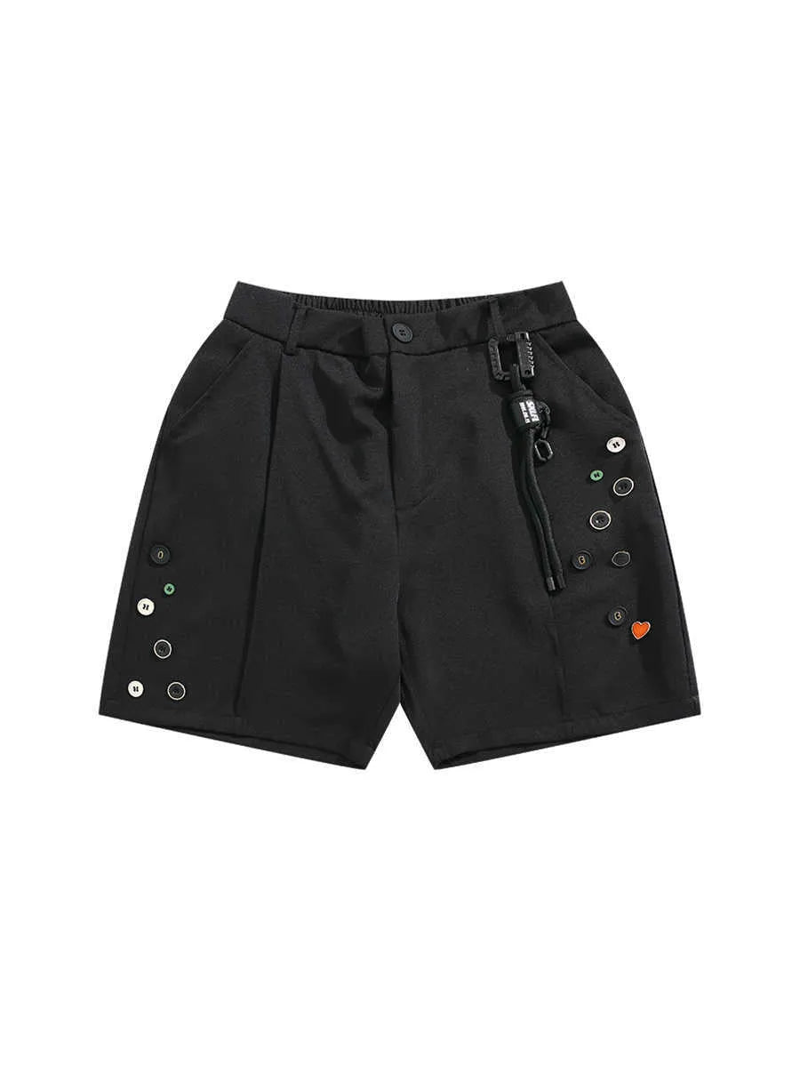 Men's black loose semi-elastic straight-leg shorts with mid waist and zipper fly