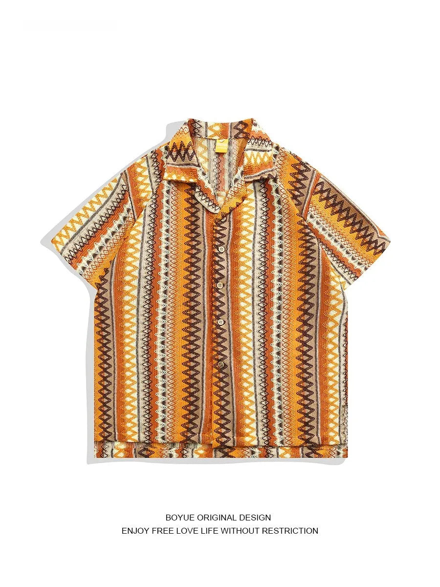 Ethnic style woven Cuban collar shirt in contrast colours with short sleeves and loose fit.