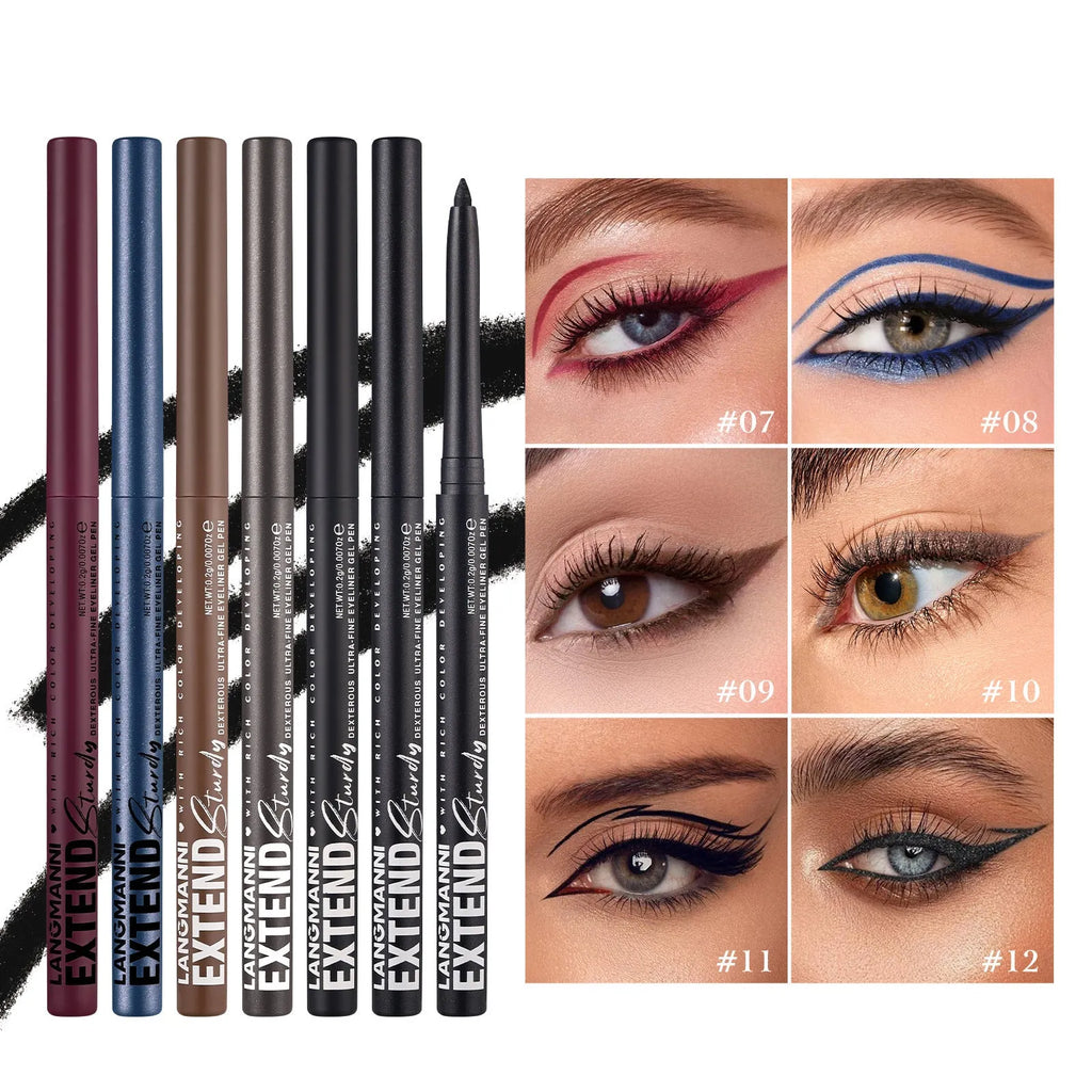 12 colourful gel eyeliner pencils showing matte glitter metallic and pearl finishes