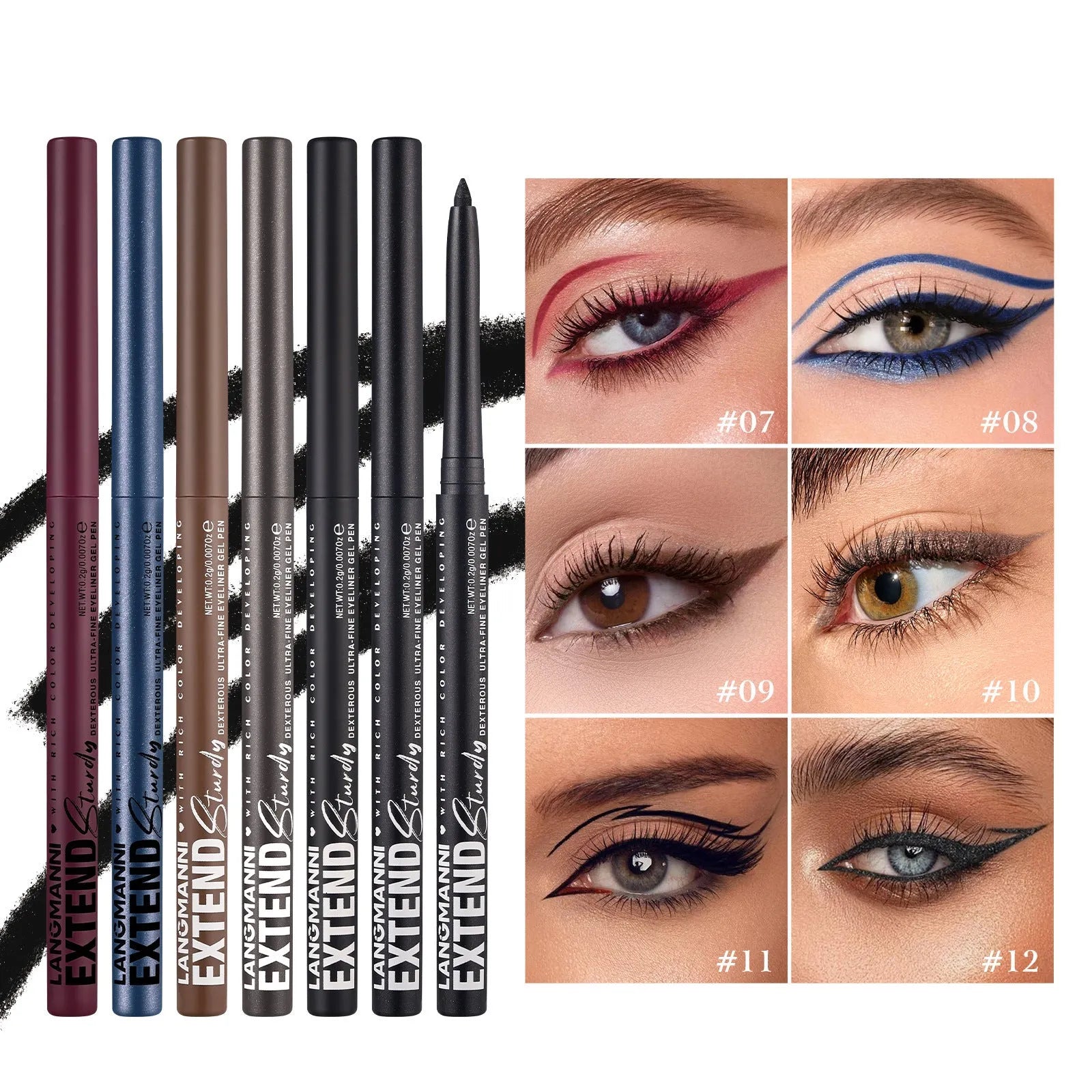 12 colourful gel eyeliner pencils showing matte glitter metallic and pearl finishes