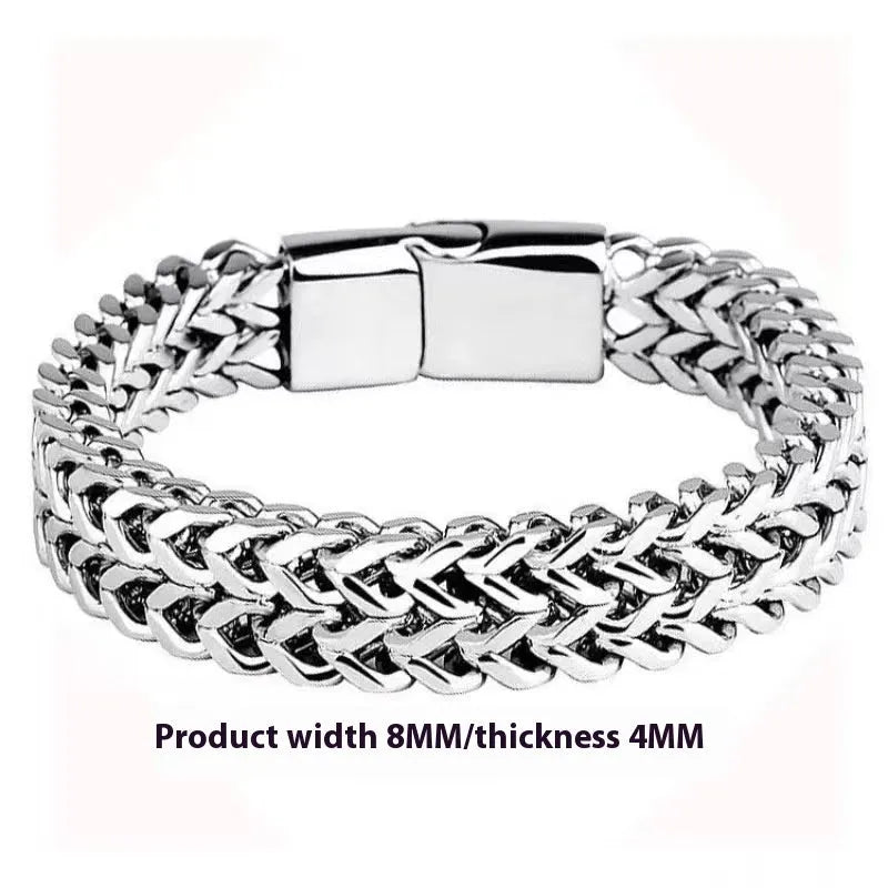 Silver titanium steel men's bracelet with geometric pattern on front and back of links.