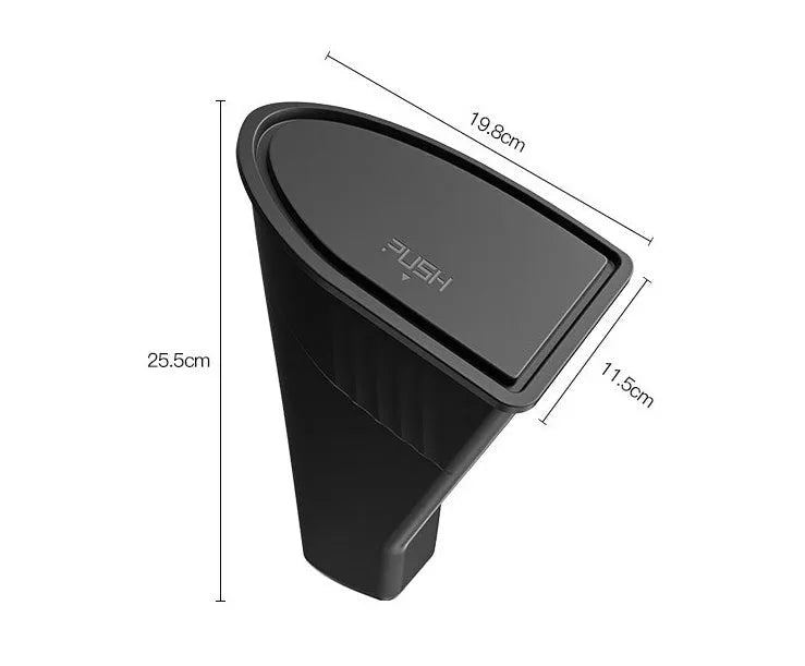 Black ABS plastic car door storage bin and trash can designed for Tesla Model Y front seats.