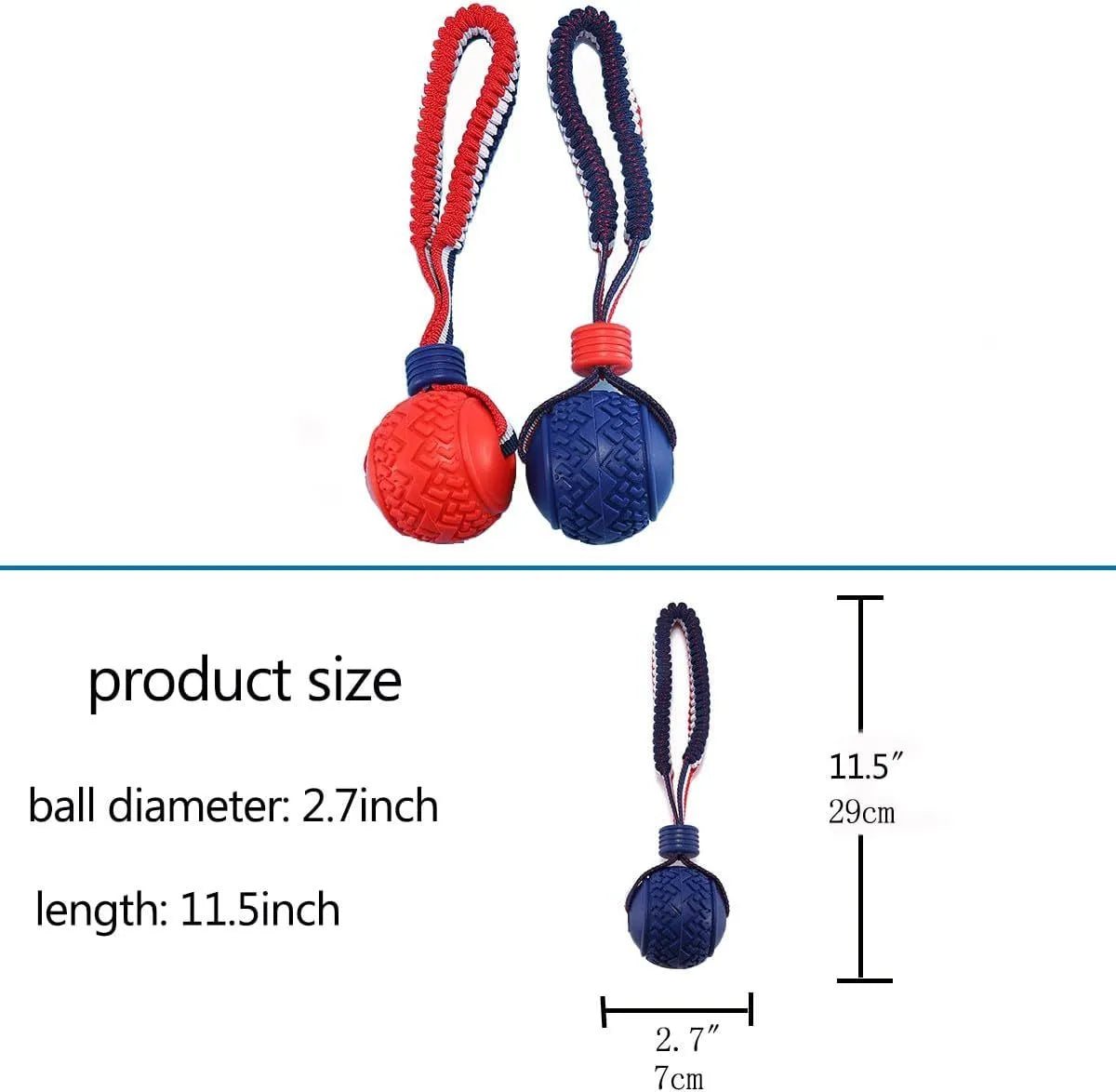 Blue natural rubber dog ball with rope attached measuring 6.5cm diameter