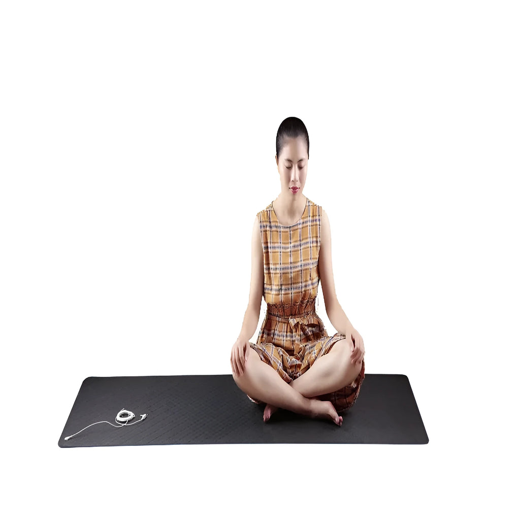 Blue conductive yoga mat with plant pattern, grounding wire, and 182x61cm dimensions