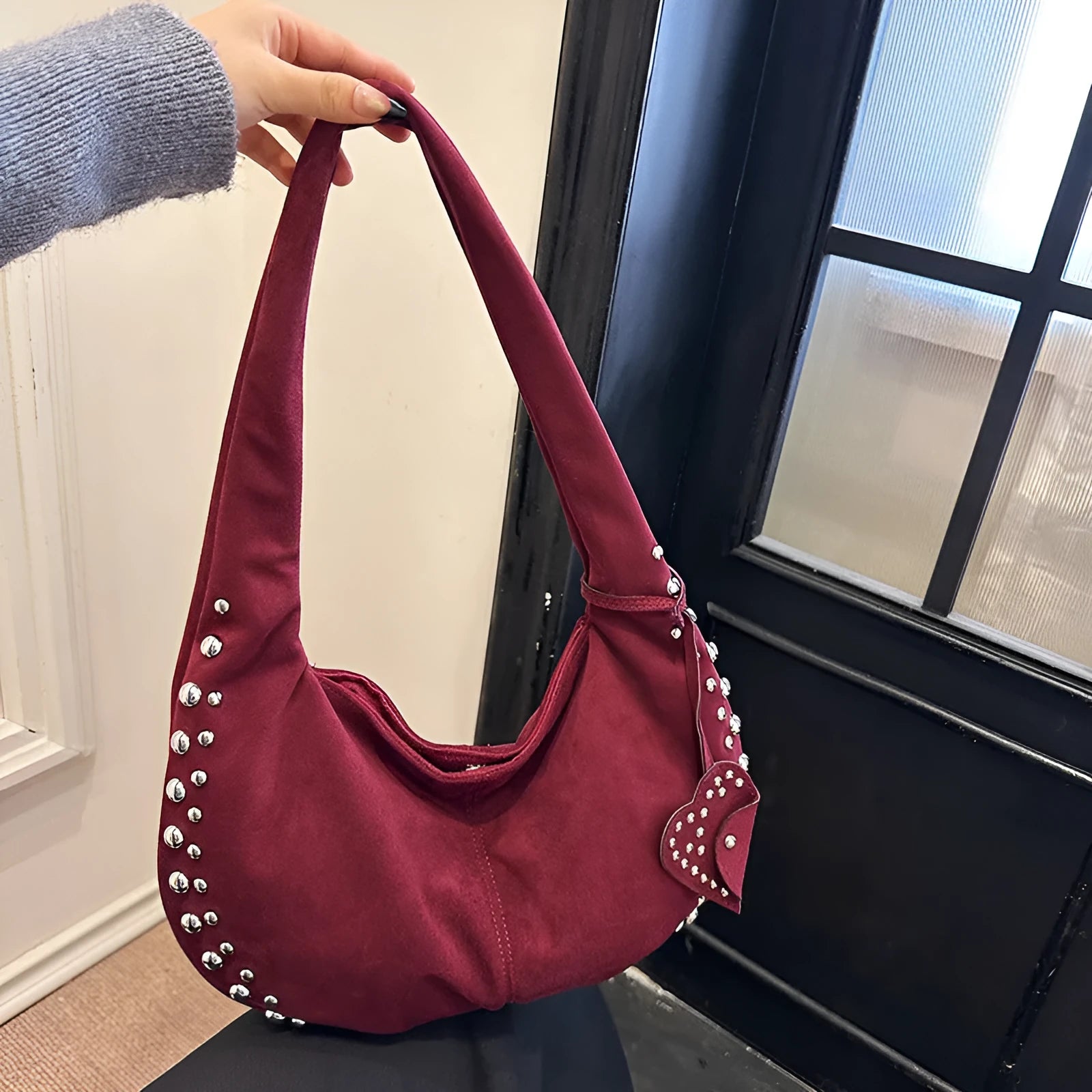 Soft plush tote handbag with adjustable strap in retro style showing black, brown, green, red, and coffee colour options