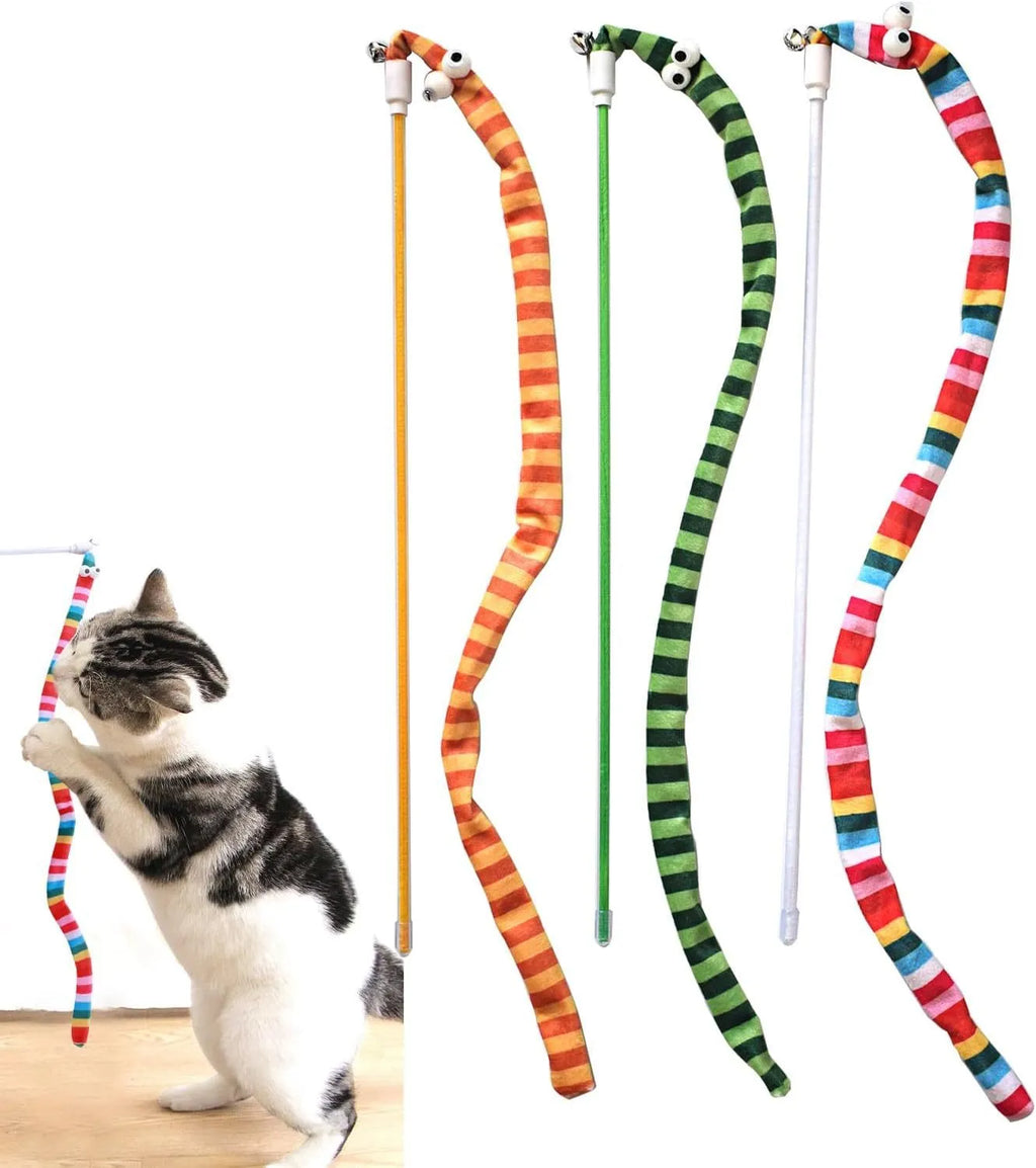 Cat wand toy with colourful plush strip and bell on a polycarbonate pole for interactive play